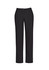 A pair of black straight leg pants with a comfort waist, featuring standard pockets and a button closure.
