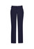 Men's comfort waist flat front pants in navy blue, featuring a classic design and a logo on the waistband.