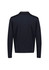 A dark navy zip front jumper featuring a simple design and a collar, displaying a logo on the back.