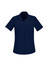 A short sleeve women's shirt in navy blue with a collar and a front pocket. It features buttons and has a logo.