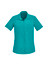 A short sleeve women's shirt in teal, featuring a collar and a pocket. It has a button-up front and branding.