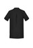 A plain black women's tunic featuring a back pleat and short sleeves, with a logo on one side.