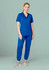 A woman wearing blue women's Riley slim leg jogger scrub pants paired with a matching scrub top, standing against a light background.