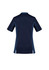 A women's scrub top in navy blue with short sleeves and side panels. The top features a logo.