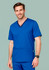 A male model wearing a blue scrub top with a V-neck design and a pocket, featuring a logo.