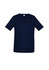 A navy blue women's scrub top with short sleeves and two front pockets, featuring a logo.