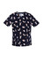 A navy scrub top featuring various playful animal prints and a logo on the fabric. Ideal for uniform wear.