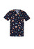 A navy scrub top featuring a fun space-themed print with planets, astronauts, and rockets. It has a logo.
