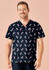A men's V-neck short sleeve scrub top in navy with a colourful Easter-themed pattern featuring bunnies.