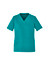 A teal women's V-neck scrub top featuring short sleeves and two front pockets. It includes a logo on the side.