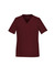 A burgundy women's scrub top with a V-neck and short sleeves, featuring two front pockets and a logo.