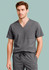 Men's V-neck scrub top in grey, featuring a pocket and a branded logo. Simple and professional design.