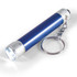 A compact blue torch with a silver keychain attached, featuring a bright LED light at one end.