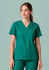 A green unisex scrub top with short sleeves, a V-neck, and two front pockets. It features a branding logo on it.