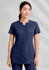 A navy blue women's tunic featuring a round neckline and two front pockets, with an accompanying logo.