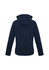 A navy blue women's soft shell jacket featuring a hood and a logo on the sleeve.