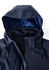 A navy blue men's rain jacket featuring a hood and a lined interior, including a branding logo.