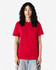 A red heavyweight cotton unisex t-shirt displayed on a model with curly hair, featuring a simple design.