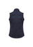 A women's softshell vest in navy blue, featuring a classic sleeveless design and a back view. It has a logo.