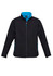 A black soft shell jacket with a blue interior, featuring a zip front and side pockets. It has a logo on the chest.