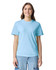 A light blue heavyweight t-shirt, featuring a round neckline and short sleeves, displayed on a model.