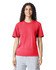 A red adult heavyweight T-shirt displayed on a model, featuring a round neck and short sleeves.