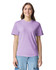 A purple heavyweight t-shirt with short sleeves and a round neckline. It features a logo on the front.