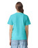 A turquoise heavyweight adult t-shirt with a plain back and a small logo on the neck area.