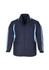 A track jacket in navy blue with light blue stripes, featuring a zip front and a collar. It has a logo on the chest.