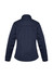 A navy women's softshell jacket with a high collar and long sleeves, featuring a logo on the back.