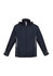 A unisex black jacket featuring a hood, zip closure, and white piping on the sides. It has a branding logo.