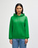 A green hooded sweatshirt with a front pocket, featuring a logo, worn by a model.
