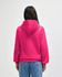 A pink hooded sweatshirt with a back view, featuring a hood and a simple design.