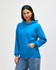 A turquoise hooded sweatshirt with a front pocket and an adjustable drawstring hood. Features a logo.