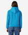 A blue hooded sweatshirt with a front pocket and a large hood, viewed from the back.