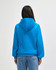 A blue hooded sweatshirt with a front pocket and a large hood, viewed from the back.