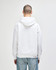 A white Gildan Heavy Blend adult hooded sweatshirt viewed from the back, featuring a hood and a plain design.