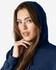 A navy blue hooded sweatshirt features a woman with long hair, showcasing the garment's hood and neckline.