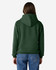 A green hooded sweatshirt with a back view, featuring a logo, paired with blue jeans.