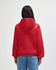 A red Gildan Heavy Blend adult hooded sweatshirt, viewed from the back, features a hood and a simple design.