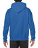 A blue hooded sweatshirt with a pouch pocket and a drawstring hood, featuring a logo design.