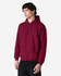 A maroon hooded sweatshirt with a front pocket and a drawstring hood. It features a branding logo.