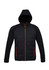 A black puffer jacket with a hood and red detailing, featuring zippered pockets and a logo.