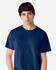 A navy blue Gildan Ultra Cotton adult T-shirt displayed on a model. The shirt has short sleeves and a crew neckline.