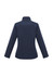 A women's soft shell jacket in navy blue, featuring a high collar and long sleeves. Branding is present.