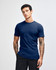 A unisex short sleeve t-shirt in navy blue, featuring a plain design and a logo.