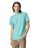 A light turquoise unisex short sleeve t-shirt worn by a model, featuring a logo.