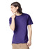 A purple unisex fine jersey short sleeve t-shirt is displayed, featuring a logo on the front.