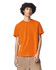 An orange unisex short sleeve t-shirt with a round neck and a branding logo.