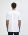 A white unisex short sleeve t-shirt, featuring a simple design and a logo on the back.